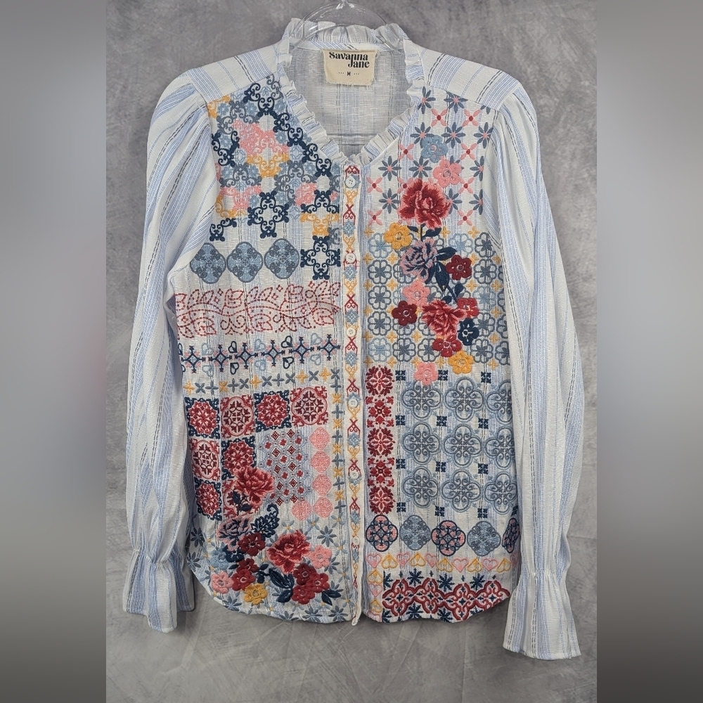 Savanna Jane Size Medium Boho Embroidered Button Down Blouse Colorful
